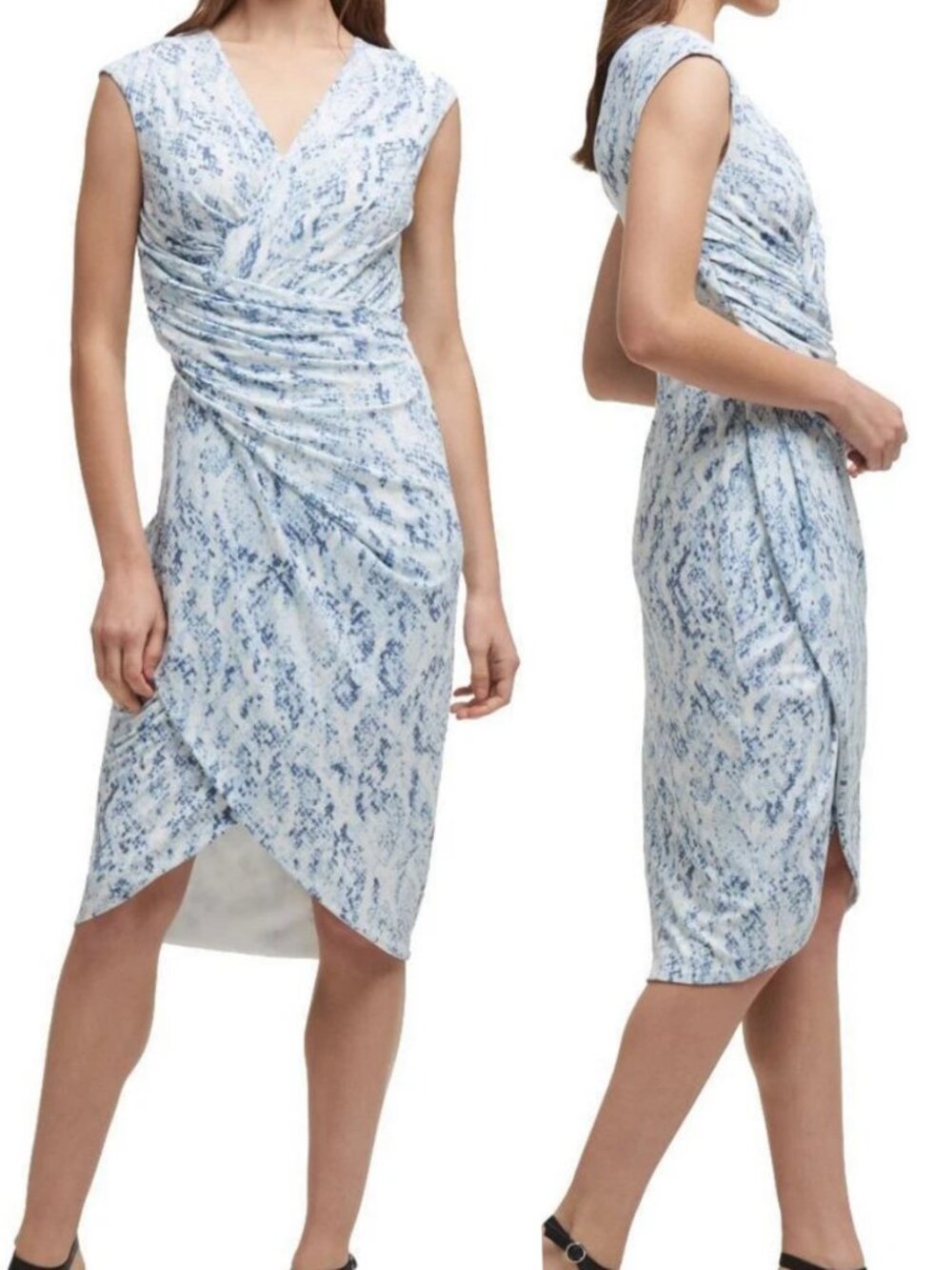 DKNY Gathered Faux Wrap Dress size 8 Blue Snake Print Surplice Tulip Skirt